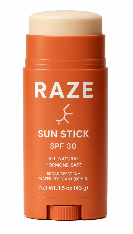 RAZE terracotta sun stick with the cap removed on a white background